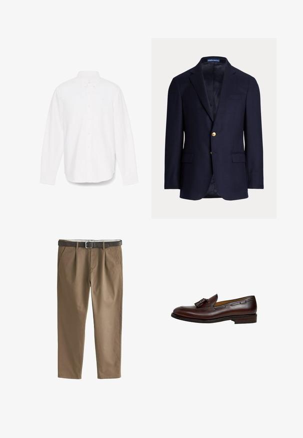 Blazer azul marino para hombre con dos botones dorados, solapas con muesca, bolsillos con solapa y bolsillo en el pecho con ribete, interior forrado, etiqueta Polo Ralph Lauren dentro del cuello.; Camisa blanca de manga larga con botón, cuello puntiagudo, un bolsillo y tejido texturizado sutil. Presenta puños con botones y un dobladillo recto.; Pantalones casuales marrones con pliegues frontales y bolsillos laterales, combinados con un cinturón de cuero marrón oscuro con hebilla plateada.; Mocasín de cuero marrón oscuro con borlas, tacón bajo y detalles cosidos a lo largo de los lados y la parte superior, mostrado desde el perfil lateral exterior.