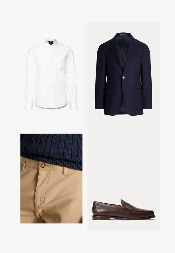 Marineblå herreblazer med to guldknapper, notch revers, lommer med klapper og brystlomme med åbning, foret indvendig, Polo Ralph Lauren mærke inde i kraven.; Hvid langærmet skjorte lavet af bomuld, med krave der lukkes med knapper, forlommer og afrundet kant med knapmanchetter.; Nærbillede af beige bukser med knaplukning kombineret med navyblå kabelstrikket sweaterkant.; Mørkebrune læder penny loafers med syningsdetaljer og lav stacket hæl, vist fra siden på en ensfarvet baggrund.