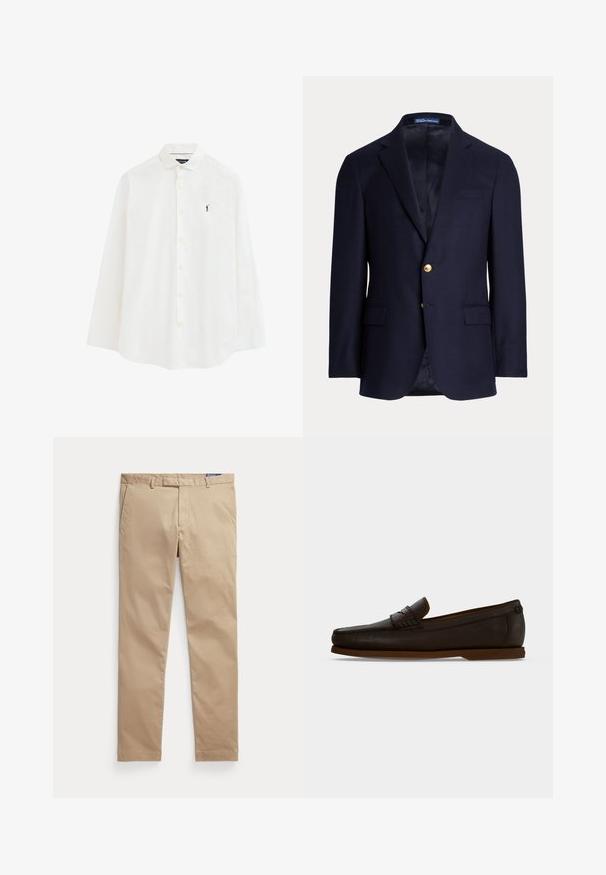 Blazer azul marino para hombre con dos botones dorados, solapas con muesca, bolsillos con solapa y bolsillo en el pecho con ribete, interior forrado, etiqueta Polo Ralph Lauren dentro del cuello.; Camisa blanca de manga larga con botones y un pequeño logo bordado de un golfista en negro en el pecho izquierdo.; Pantalones beige de pierna recta con presillas para cinturón, bolsillos delanteros y cierre de cremallera, mostrados planos sobre un fondo blanco.; Mocasín de cuero marrón oscuro con suela plana y detalle de correa tejida en la parte superior, mostrado de lado sobre un fondo liso.
