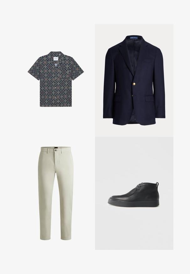 Marineblå herreblazer med to guldknapper, notch revers, lommer med klapper og brystlomme med åbning, foret indvendig, Polo Ralph Lauren mærke inde i kraven.; Kortærmet skjorte med en mørkeblå stof og et geometrisk blomstermønster i livlige farver, knaplukning foran og en afslappet krave.; Beige bomuldsbukser med lige ben, som har knaplukning, lynlås, fem lommer og en subtil glans.; Sort læder ankelstøvle med struktureret overflade, snørebånd fortil, trækstrop ved hælen og tykk gummisål mod en lys baggrund.
