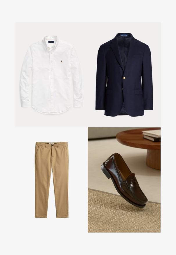 Marineblauer Herrenblazer mit zwei goldenen Knöpfen, Notch-Revers, Pattentaschen und einer Brustleistentasche, gefüttertes Innenfutter, Polo Ralph Lauren-Label innen am Kragen.; Weißes, langärmliges Hemd mit Knopfleiste und Kragen sowie kleinem, gesticktem Logo auf der linken Brust, flach auf einem einfarbigen Hintergrund liegend.; Beige Slim-Fit Chinos mit Gürtelösen, Seitentaschen, Knopf- und Reißverschluss, gebrandetes GANT-Label am Bund.; Braune Leder-Lederschuhe mit glänzender Oberfläche, die eine gestickte Detail entlang der Vorderseite und eine niedrigprofilierte schwarze Gummisohle aufweisen.