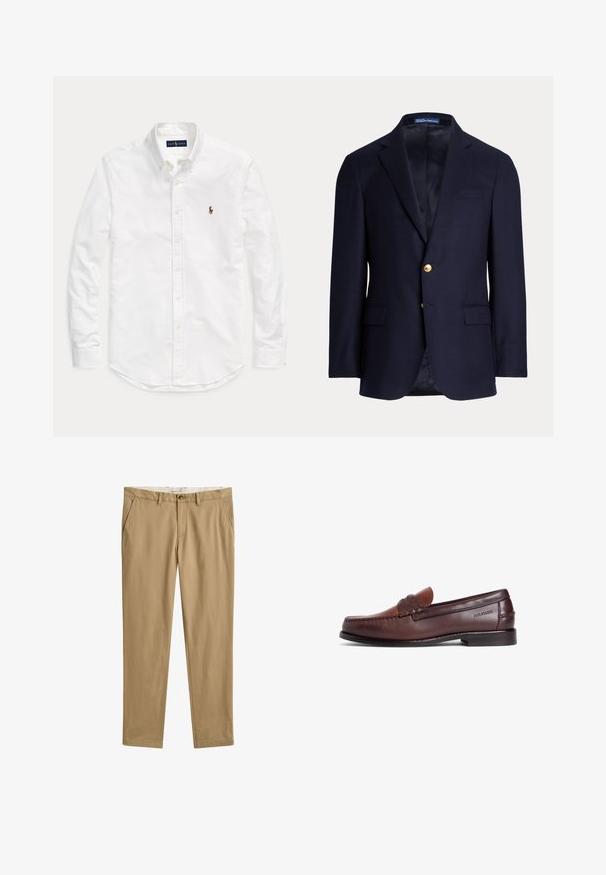 Marineblauer Herrenblazer mit zwei goldenen Knöpfen, Notch-Revers, Pattentaschen und einer Brustleistentasche, gefüttertes Innenfutter, Polo Ralph Lauren-Label innen am Kragen.; Weißes, langärmliges Hemd mit Knopfleiste und Kragen sowie kleinem, gesticktem Logo auf der linken Brust, flach auf einem einfarbigen Hintergrund liegend.; Beige, gerade geschnittene Freizeithosen mit Gürtelschlaufen, vorderem Knopf- und Reißverschluss sowie Seitentaschen, Vorderansicht.; Brauner Lederloafer mit glatter Oberfläche, ausgestattet mit einem dekorativen Riemen und Ziernähten. Niedriger Absatz und abgerundete Zehenform.