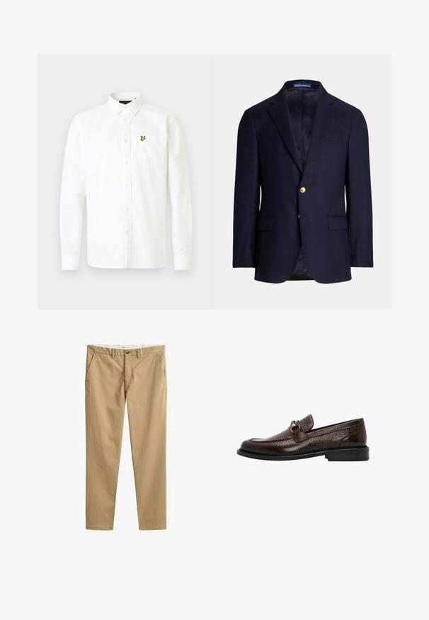 Marineblå herreblazer med to guldknapper, notch revers, lommer med klapper og brystlomme med åbning, foret indvendig, Polo Ralph Lauren mærke inde i kraven.; Hvid langærmet skjorte lavet af bomuld med krave og knapper, der har en brystlomme og et lille gult logo på venstre side.; Beige chinos med lige ben, bæltestropper, frontknap, lynlås og sidelommer, vist fladt på en hvid baggrund.; Mørkebrun læderloafer med tekstureret finish, guldfarvet metalbit-detalje, rundet tå og sort sål, vist fra siden.