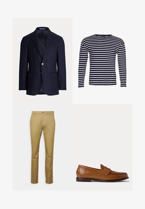 Marineblauwe herensblazer met twee gouden knopen, ingezette revers, klepzakken en een borstbieszak, gevoerde binnenkant, Polo Ralph Lauren label binnenin de kraag.; Armor lux LOCTUDY MARINIÈRE - Longsleeve - navire/nature; Khaki chinos van soepel katoen, met een klassieke rechte pijpontwerp, een voorzak en een enkele knoopsluiting bij de taille.; Bruine leren penny loafer met lage hiel en gestikte details aan de voorkant en zijkanten, zijaanzicht op een witte achtergrond.
