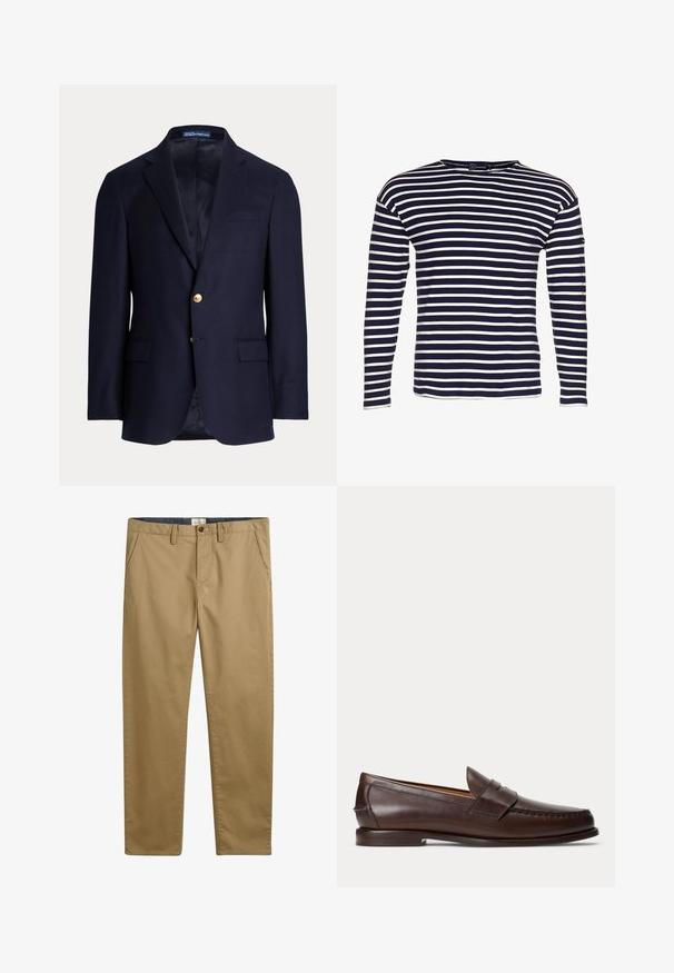Marineblauwe herensblazer met twee gouden knopen, ingezette revers, klepzakken en een borstbieszak, gevoerde binnenkant, Polo Ralph Lauren label binnenin de kraag.; Armor lux LOCTUDY MARINIÈRE - Longsleeve - navire/nature; Khaki katoenen broek met een rechte pasvorm, voorzien van zijzakken, een knoopsluiting en een gestructureerde stof.; Donkerbruine leren penny loafer met stikseldetails en lage gestapelde hak, van opzij gezien op een effen achtergrond.