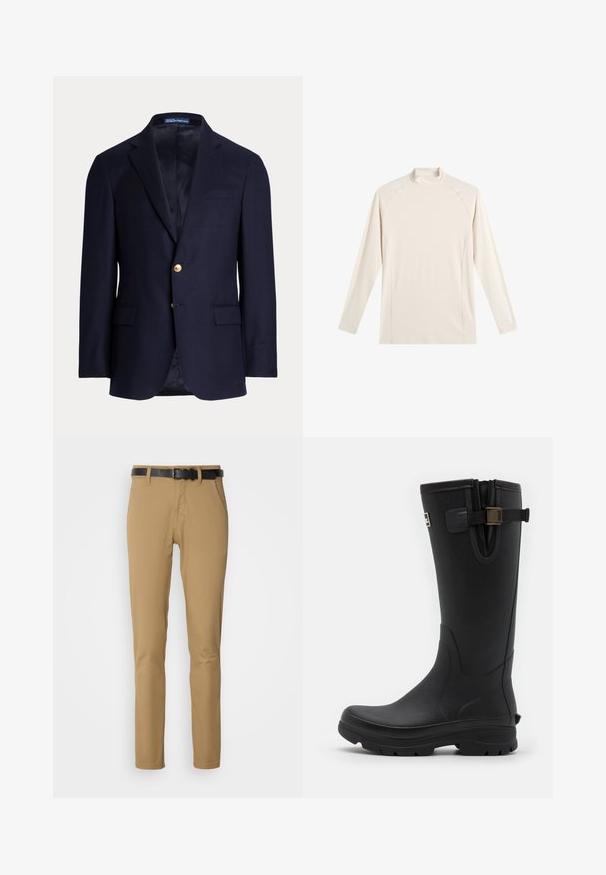 Marineblauer Herrenblazer mit zwei goldenen Knöpfen, Notch-Revers, Pattentaschen und einer Brustleistentasche, gefüttertes Innenfutter, Polo Ralph Lauren-Label innen am Kragen.; Langärmliges, beiges Shirt mit Stehkragen, schmaler Passform und dezenten Nahtdetails, entworfen für Freizeit oder sportliche Aktivitäten.; Khakihosen mit schmaler Passform, aus glattem Material gefertigt. Mit einem schwarzen Gürtel, zwei frontalen Taschen und einem geraden Beinverlauf.; Barbour TEMPEST TALL WELLY - Gummistiefel - black
