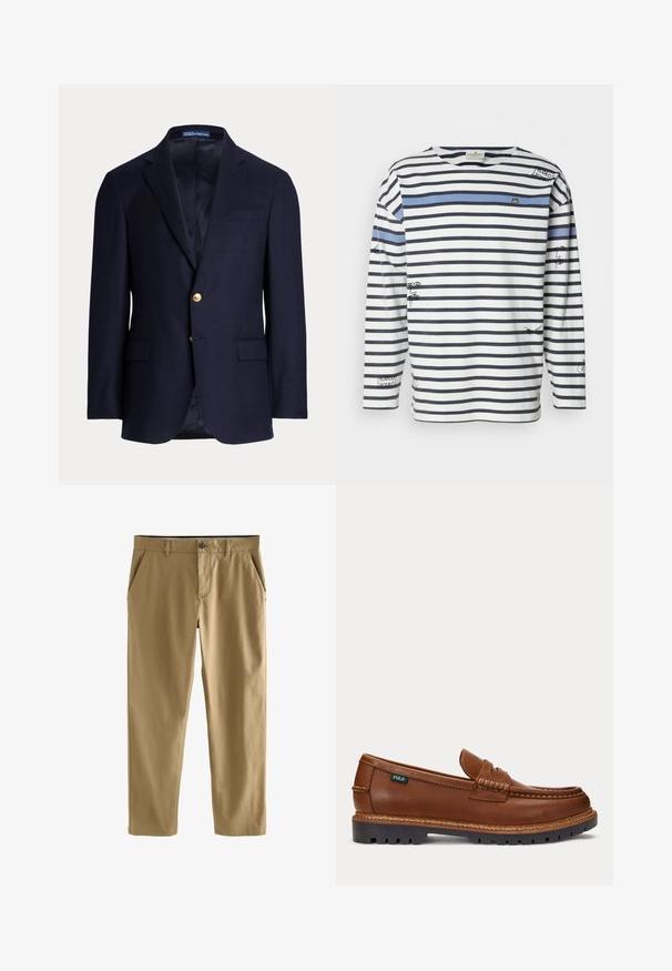 Marineblå herreblazer med to guldknapper, notch revers, lommer med klapper og brystlomme med åbning, foret indvendig, Polo Ralph Lauren mærke inde i kraven.; Langærmet trøje med vandrette marineblå og hvide striber, en blå accentstribe samt grafiske illustrationer på fronten og ærmerne.; Beige afslappede bukser med knap- og lynlås-lukning, bæltestropper og forlommer, vist på hvid baggrund.; Brun læderloafer med syninger, robust sort sål og lille "Polo" mærkat på siden.