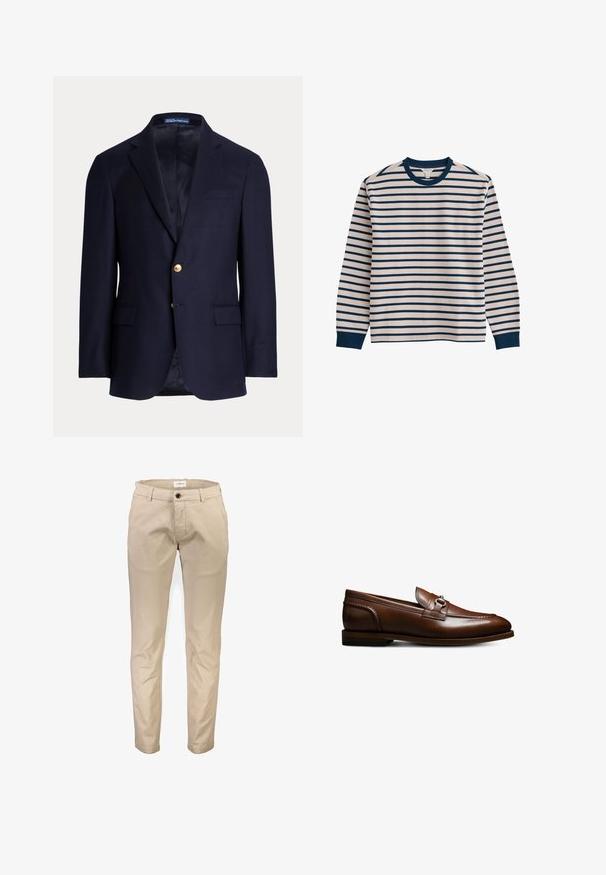 Marineblauwe herensblazer met twee gouden knopen, ingezette revers, klepzakken en een borstbieszak, gevoerde binnenkant, Polo Ralph Lauren label binnenin de kraag.; Langarmshirt met witte en donkerblauwe horizontale strepen, donkerblauwe ronde hals en donkerblauwe manchetten op een witte achtergrond.; Beige katoenen broek met een rechte pijp, voorzien van voorzakken, een ritssluiting en een enkele knoopsluiting. Gladde textuur, zonder patronen.; Bruine leren instapper met een gladde afwerking, ronde neus, enkele band over de bovenkant en een lage gestapelde hak. Kenmerkt zich door decoratieve stitching.