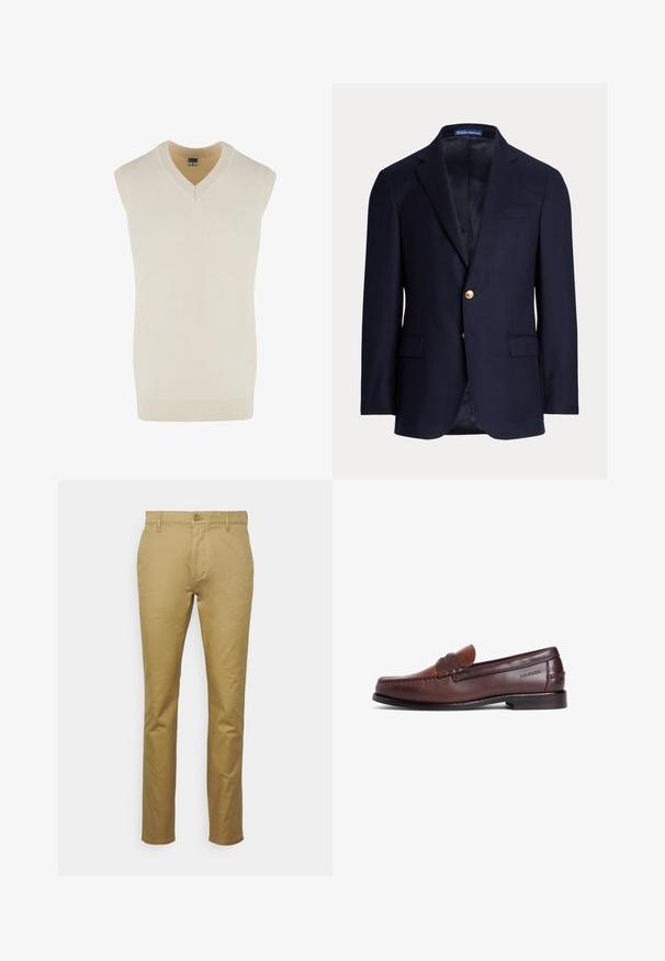 Blazer bleu marine pour homme avec deux boutons dorés, revers crantés, poches à rabat et poche poitrine passepoilée, intérieur doublé, étiquette Polo Ralph Lauren à l’intérieur du col.; Pull en crème sans manches avec un décolleté en V, fabriqué en tissu tricot doux. Il présente un col et un ourlet inférieur côtelés, avec une coupe droite.; Chino kaki en coton lisse, avec un design classique à jambe droite, une poche avant et une fermeture à un bouton à la taille.; Mocassin en cuir marron à finition lisse, doté d'une lanière décorative et de détails de couture. Talon bas et design à bout arrondi.