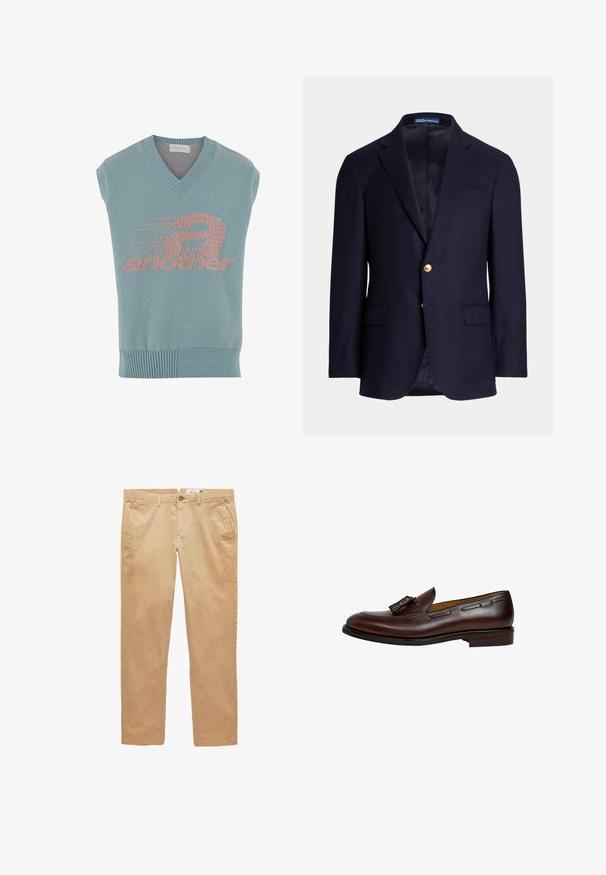 Blazer azul marino para hombre con dos botones dorados, solapas con muesca, bolsillos con solapa y bolsillo en el pecho con ribete, interior forrado, etiqueta Polo Ralph Lauren dentro del cuello.; Chaleco de punto sin mangas en azul claro con escote en V, que presenta un diseño gráfico en rosa con la palabra "another" y un motivo de velocidad. Ribete acanalado.; Pantalones de algodón beige de pierna recta con trabillas para el cinturón, bolsillos delanteros y cierre de botón.; Mocasín de cuero marrón oscuro con borlas, tacón bajo y detalles cosidos a lo largo de los lados y la parte superior, mostrado desde el perfil lateral exterior.