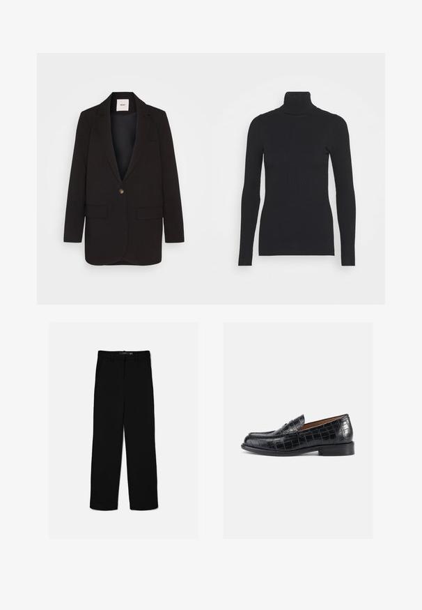 Schwarzer Blazer mit einem einzigen Knopfverschluss, zwei vorderen Taschen, Einschlagkragen und einer glatten Textur. Etikett sichtbar im Kragen.; Schwarzer gerippter Rollkragenpullover, der lange Ärmel und eine figurbetonte Silhouette bietet. Die Textur ist glatt mit einem horizontalen Rippenmuster.; Schwarze gerade geschnittene Hose mit Gürtelschlaufen, Frontreißverschluss und Seitentaschen, flach auf hellem Hintergrund ausgelegt.; Schwarze Loafer aus krokodilgeprägtem Leder mit abgerundetem Zehenbereich, zum Hineinschlüpfen und einem niedrigen, stabilen Absatz. Glatte Textur und dezenter Glanz.