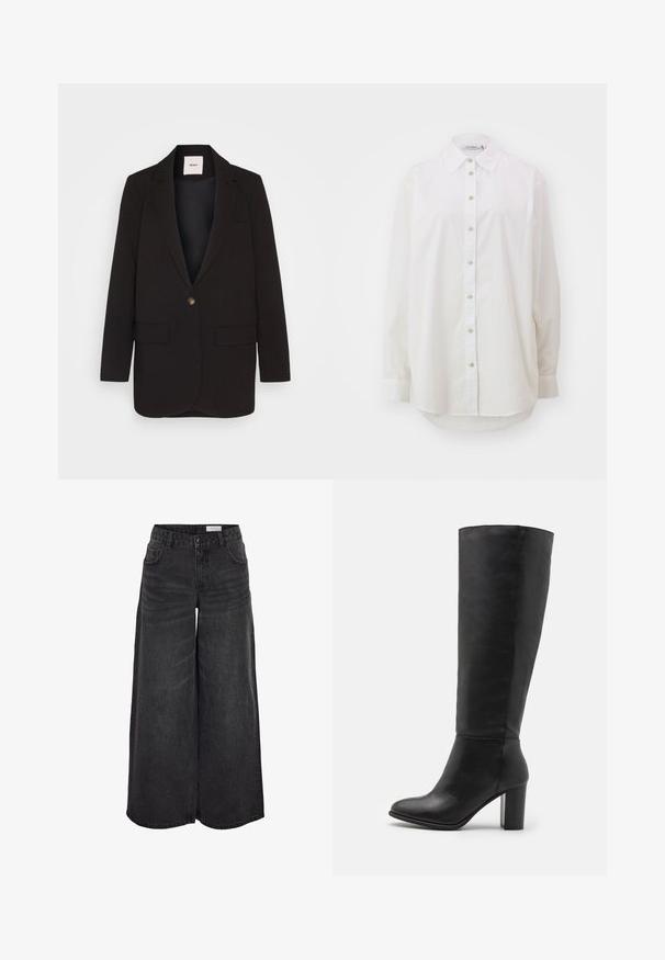 Zwarte blazer met een enkel knoopsluiting, twee voorkezen, notch revers en een gladde textuur. Label zichtbaar binnenin de kraag.; Witte button-up blouse gemaakt van katoen. Kenmerkt zich door een klassieke kraag, lange mouwen en een gebogenzoom. Heeft een standaard knoopsluiting aan de voorkant.; Zwarte denim broek met wijde pijpen en hoge taille, voorzien van voorzakken en een subtiele textuur; ontworpen voor een ontspannen pasvorm.; Zwarte laarzen tot de knie van soepel leer, met een dikke hak en een ronde neus. Minimalistisch ontwerp zonder zichtbare hardware of versieringen.