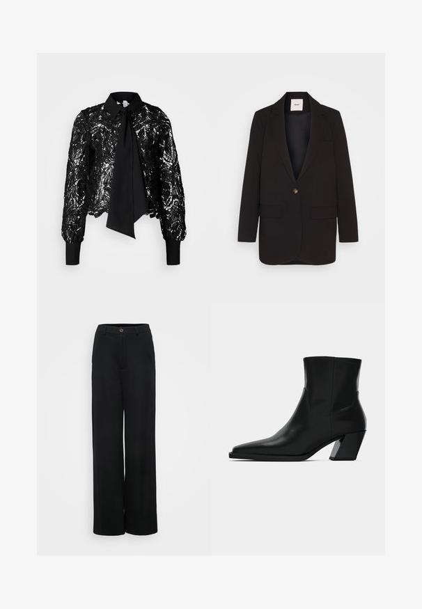 Zwarte blazer met een enkel knoopsluiting, twee voorkezen, notch revers en een gladde textuur. Label zichtbaar binnenin de kraag.; Vero Moda Tall VMEDA SHORT BOW SHIRT - Blouse - black; Zwarte wijde broek met een gladde textuur, voorzien van een knoopsluiting en voorzakken. Klassiek en veelzijdig ontwerp geschikt voor verschillende gelegenheden.; Zwarte leren enkelboot met een spitse neus, een slanke silhoeet en een chunky vierkante hak. Gladde textuur met minimale stikdetails.