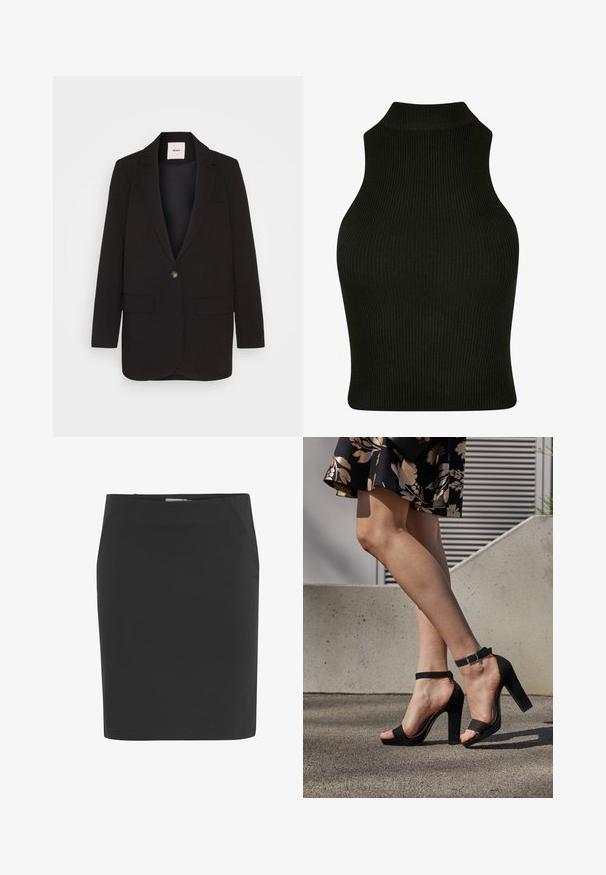 Blazer negro con cierre de un solo botón, dos bolsillos frontales, solapas muescas y una textura suave. Etiqueta visible dentro del cuello.; Top sin mangas negro con ribetes y cuello alto, que presenta un diseño ajustado y una tela texturizada.; Falda lápiz negra hasta la rodilla con corte recto y cierre lateral con cremallera.; Sandalias de tacón alto de ante negro con una correa en el tobillo y hebilla, diseño de punta abierta y tacón ancho. Textura suave y estilo minimalista.