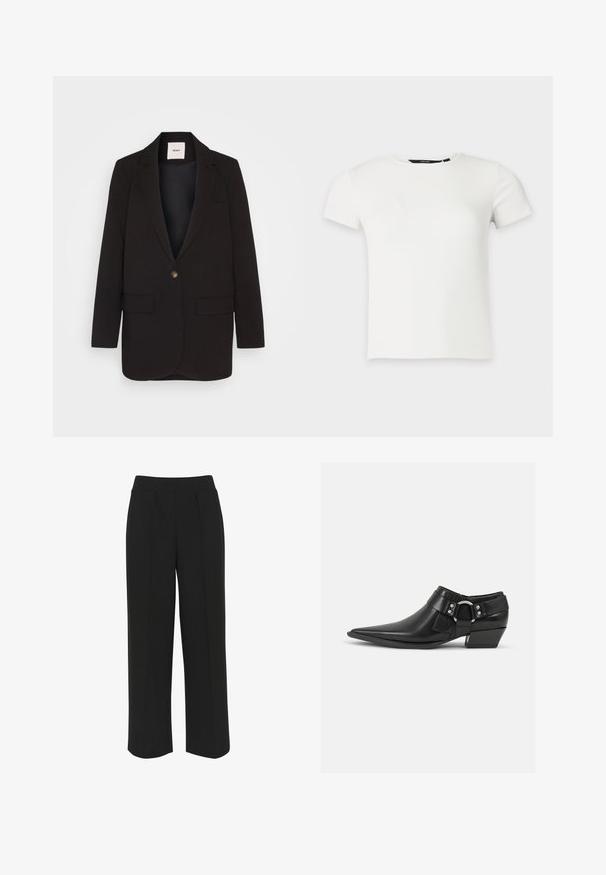 Blazer negro con cierre de un solo botón, dos bolsillos frontales, solapas muescas y una textura suave. Etiqueta visible dentro del cuello.; Camiseta blanca de punto acanalado con mangas cortas y cuello redondo, presentada sobre un fondo liso gris claro.; Pantalones de pierna ancha negros con una cinturilla plana, que presentan pliegues delanteros y una textura suave. Sin bolsillos ni herrajes visibles.; Botas de cuero negras hasta el tobillo con puntera puntiaguda, que presentan una correa de cuero en la parte delantera y un detalle de hebilla plateada, además de un tacón bajo y cuadrado.