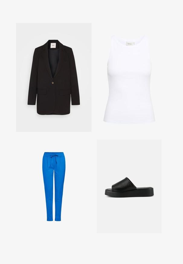 Zwarte blazer met een enkel knoopsluiting, twee voorkezen, notch revers en een gladde textuur. Label zichtbaar binnenin de kraag.; Witte geribde tanktop met een ronde halslijn en zonder mouwen. Rekbaar materiaal en een aansluitend ontwerp. Het label op de achterkant zegt "GESTUZ."; Blauwe joggers gemaakt van een zachte stof, met een elastische tailleband met een trekkoord, twee voorzakken en een taps toelopend ontwerp.; Zwarte instap platform sandaal met brede leren bovenkant en dikke zool, gezien in zijaanzicht tegen een effen grijze achtergrond.