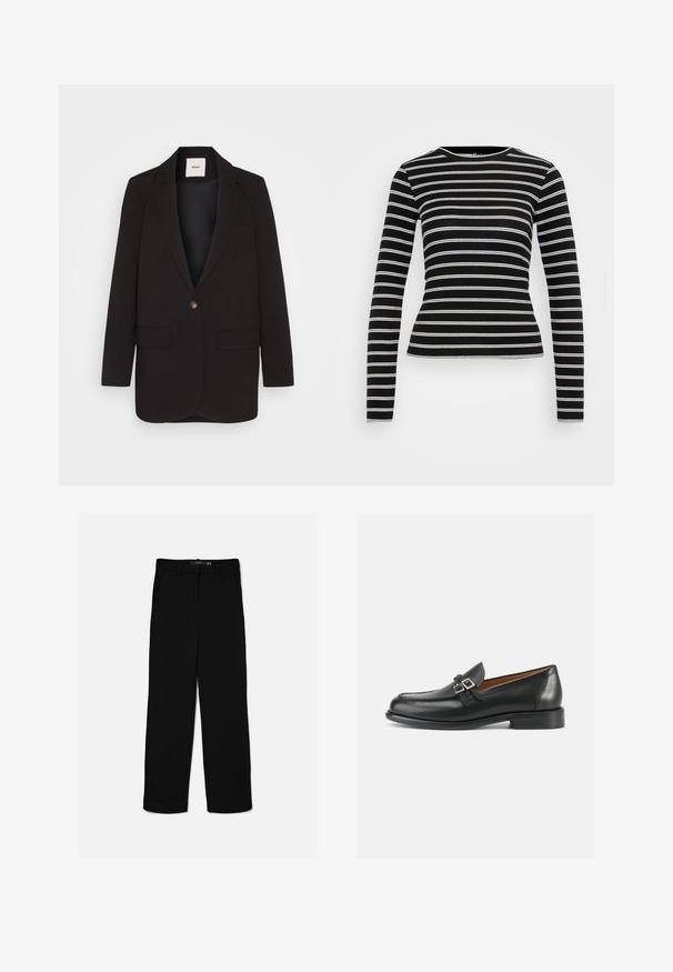 Blazer negro con cierre de un solo botón, dos bolsillos frontales, solapas muescas y una textura suave. Etiqueta visible dentro del cuello.; Top negro de manga larga con rayas blancas horizontales. Fabricado en tejido acanalado con cuello redondo y silueta ajustada.; Pantalones negros de corte recto con trabillas, cremallera frontal y bolsillos laterales, colocados planos sobre un fondo claro.; Mocasines de cuero negro con un diseño bordado, con un detalle de doble hebilla y un tacón ligeramente elevado para añadir altura.