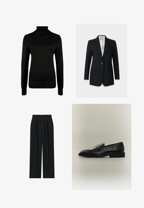 Zwarte enkeknoopssblazer met inkepingrevers, klepzakken en een lichte voering tegen een effen achtergrond.; Zwarte coltrui met lange mouwen en geribde manchetten en zoom, afgebeeld op een witte achtergrond.; Reiss PETITE FIT - EDEN ELASTICATED WAIST WIDE - Broek - navy; Zwarte leren penny loafer met lage hak, afgeronde neus en gestikte details op een neutrale achtergrond.