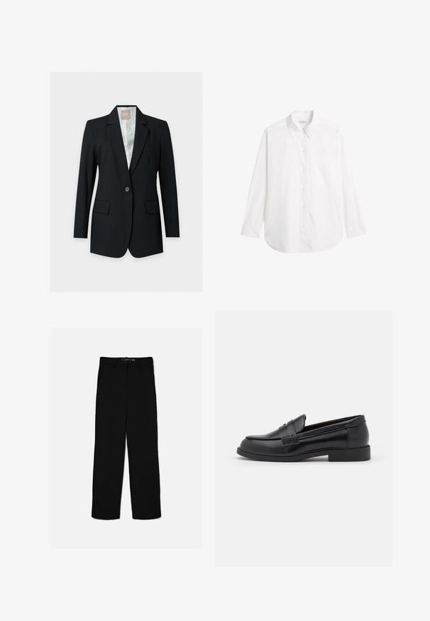 Schwarzer einreihiger Blazer mit Kerbärmeln, Pattentaschen und hellfarbiger Innenfütterung vor einfachem Hintergrund.; Weißes Baumwollhemd mit Knopfleiste. Verfügt über einen klassischen Kragen, lange Ärmel und eine Tasche auf der linken Seite. Glatte Textur, ohne Muster.; Schwarze gerade geschnittene Hose mit Gürtelschlaufen, Frontreißverschluss und Seitentaschen, flach auf hellem Hintergrund ausgelegt.; Schwarze Lederloafers mit glatter Textur, abgerundeter Zehenpartie, gestickten Details auf dem Obermaterial und einer niedrigen, flachen Gummisohle.