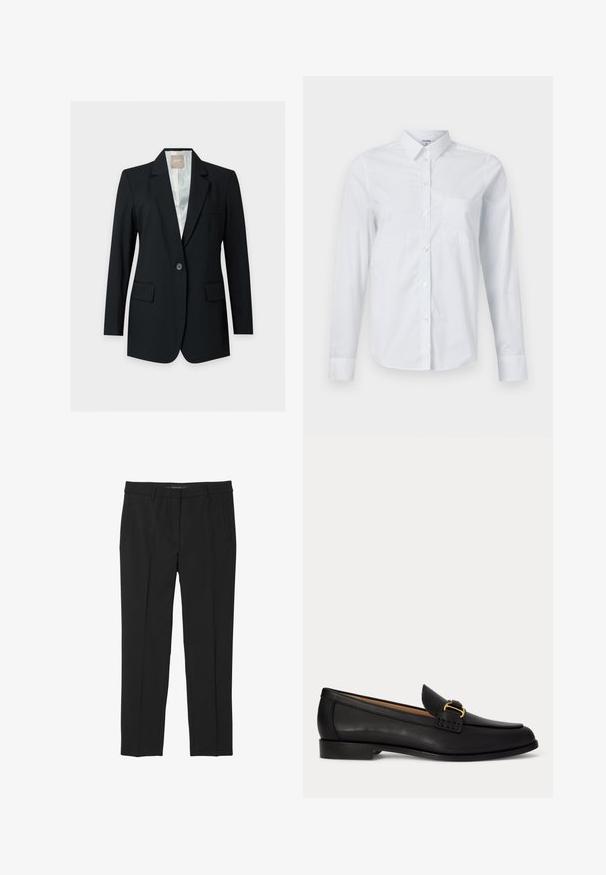 Zwarte enkeknoopssblazer met inkepingrevers, klepzakken en een lichte voering tegen een effen achtergrond.; Witte longsleeve overhemd van katoen, met kraag, knoopsluiting aan de voorkant en een borstzak. Gladde textuur. Geen patronen.; Zwarte broek van gladde stof, met een rechte pijp, voorzakken en een platte tailleband zonder zichtbare sluitingen.; Zwarte leren loafer met een kleine hak en decoratieve gouden gesp aan de voorkant, zijaanzicht op een witte achtergrond.
