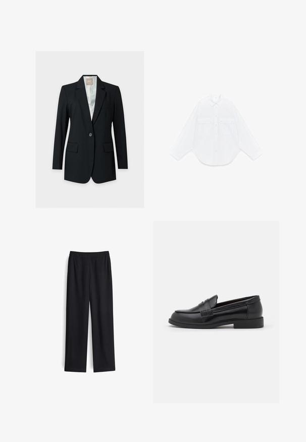 Schwarzer einreihiger Blazer mit Kerbärmeln, Pattentaschen und hellfarbiger Innenfütterung vor einfachem Hintergrund.; Weißes langärmliges Hemd mit Knöpfen, spitzem Kragen und zwei vorderen Pattentaschen mit Knöpfen, auf weißem Hintergrund flach liegend.; Schwarze weite Hose aus glattem Stoff mit elastischem Bund und ohne sichtbare Taschen. Gerade Form mit sauberem Finish.; Schwarze Lederloafers mit glatter Textur, abgerundeter Zehenpartie, gestickten Details auf dem Obermaterial und einer niedrigen, flachen Gummisohle.
