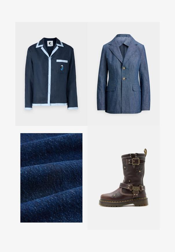 Denimblazer in donkerblauw met een rever met inkeping, een knoopsluiting met één rij knopen en twee voorszakken, voorzien van een gladde voering.; Marineblauwe linnen shirt met lichtblauwe kraag en zakafwerking. Beschikt over een borstzak met een geborduurd ontwerp. Knopen aan de voorkant.; Donkerblauwe denimstof met een subtiele textuur, voorzien van zichtbare stiksels en een lichte glans, met verzachte plooien en variërende tinten.; Bruine leren laars tot halverwege de kuit met gegraveerde bloemenmotieven, twee verstelbare messing gespen, gele stiksels en een robuuste zool.
