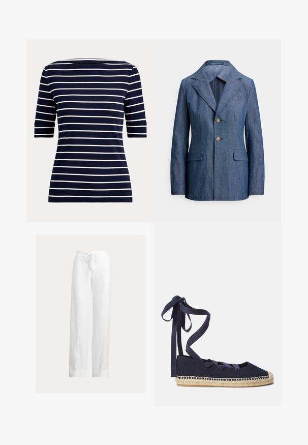 Denimblazer in donkerblauw met een rever met inkeping, een knoopsluiting met één rij knopen en twee voorszakken, voorzien van een gladde voering.; Marineblauw overhemd met witte horizontale strepen en ellebooglange mouwen, afgebeeld op een eenvoudige lichte achtergrond.; Witte linnen broek met een tailleband met trekkoord, wijde pijpen, twee steekzakken aan de voorkant en een gladde textuur. Platte zoom bij de enkel.; Marineblauwe canvas espadrille met een ronde neus, jute zool en stoffen veters voor het sluiten. Beschikt over geweven details langs de rand van de zool.