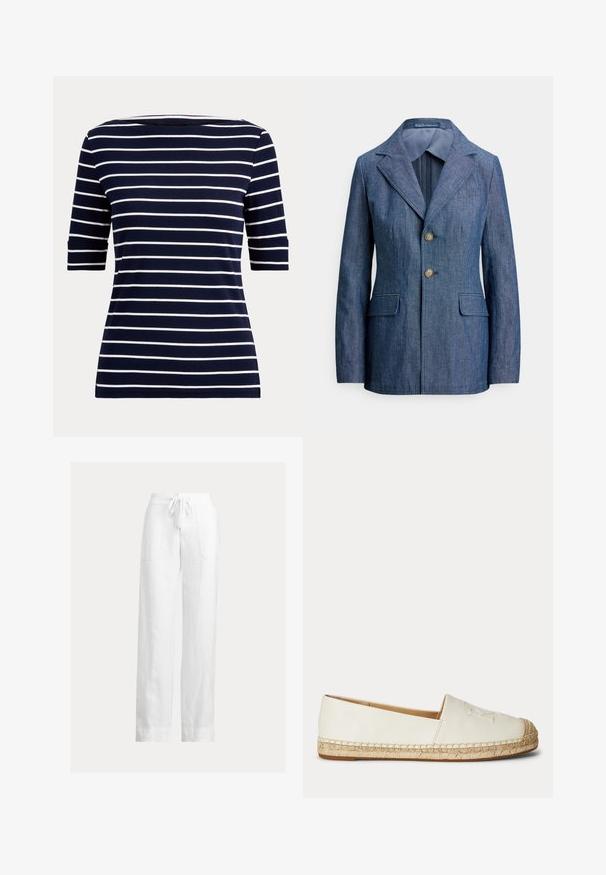 Blazer de mezclilla azul oscuro con solapa con muesca, cierre de un solo botón y dos bolsillos delanteros, con un forro interior suave.; Camisa azul marino con rayas horizontales blancas y mangas hasta el codo, mostrada sobre un fondo claro y sencillo.; Pantalones blancos de lino con cintura de cordón, diseño de pierna ancha y dos bolsillos laterales. Textura suave con una apariencia ligera y aireada.; Alpargata blanca sin cordones con suela de yute trenzado y detalles cosidos a lo largo de los bordes, mostrada desde el lado exterior.