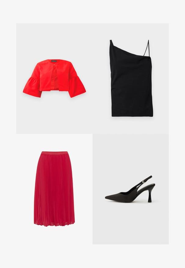 Rød cropped jakke med rund halsudskæring og klokkeærmer. Lavet af glat stof med en frontlukning, som fremhæver en ensfarvet og ren stil.; Sort asymmetrisk camisoletop med en bred strop og en tynd strop, lavet af glat stof, lagt fladt på en hvid baggrund.; Rød plisseret nederdel i et glat, let materiale. Har en elastisk talje og et flydende design for nem bevægelse.; Sorte slingback hæle med spids tå, glat mat finish og en slank, blank hæl. Justerbar rem med lille spænde detaljer.