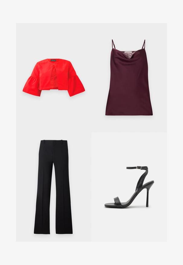 Veste rouge courte avec un col arrondi et des manches évasées. Fabriquée en tissu lisse avec une fermeture à l'avant, mettant en avant une couleur unie et des lignes épurées.; Caraco en satin bordeaux profond sans manches avec fines bretelles réglables et détail en dentelle le long du décolleté bénitier.; Pantalons évasés noirs avec une texture lisse, présentant une taille cintrée, des passants de ceinture et un design épuré qui s'étend jusqu'à un large ourlet.; Sandale à talons hauts noire avec une fine sangle au niveau de la cheville et deux bandes à l'avant. Fabriquée en cuir lisse avec un bout pointu élégant et un talon aiguille.