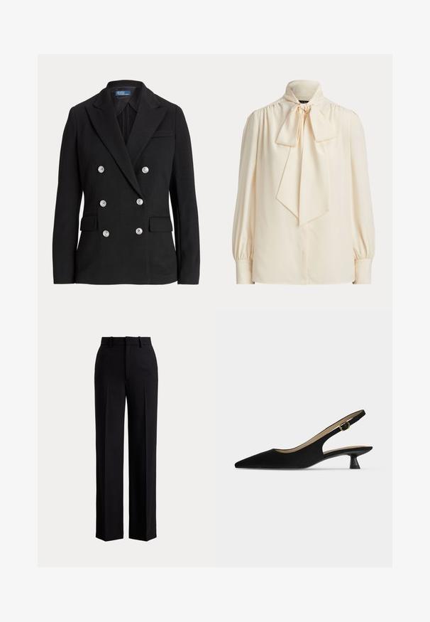Black double-breasted blazer made of smooth fabric, featuring silver buttons, notch lapel, two front pockets, and a slim fit design.; Cream-colored long-sleeve blouse with high collar and large tied bow at the neck, featuring gathered shoulders and buttoned cuffs.; Black high-waist wide-leg trousers with belt loops, front creases, and a concealed fastening on a plain light background.; Black pointed-toe slingback shoe with a low kitten heel and gold buckle strap, shown in profile on a plain light background.