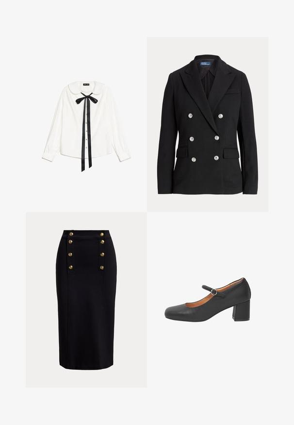 Blazer negro de doble botonadura hecho de tela suave, con botones plateados, solapa con muesca, dos bolsillos frontales y un diseño de corte ajustado.; Blusa blanca de manga larga con cuello Peter Pan, lazo de satén negro en el cuello y botones de perla en la parte delantera.; Falda lápiz negra de talle alto con botones dorados verticales dispuestos en dos filas cerca de la cinturilla frontal.; Zapato Mary Jane de cuero negro con punta redondeada, una correa con una hebilla metálica circular y tacón grueso. Textura lisa.