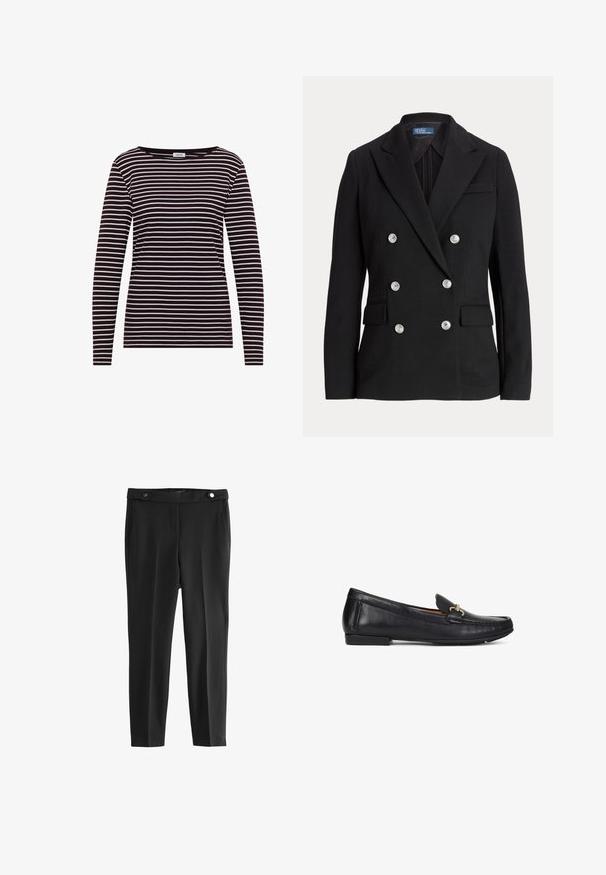 Blazer noir croisé en tissu lisse, avec des boutons argentés, un col cranté, deux poches avant et une coupe slim.; T-shirt à manches longues avec un col rond, présentant des rayures horizontales noires et blanches dans un tissu doux et extensible. Étiquette de marque : CEYIL.; Pantalons noirs ajustés avec une texture lisse, dotés de deux poches avant et d'une ceinture avec deux boutons noirs ronds.; Mocassin en cuir noir avec détail en métal doré, talon bas et design moc toe cousu, présenté en profil latéral sur fond blanc.