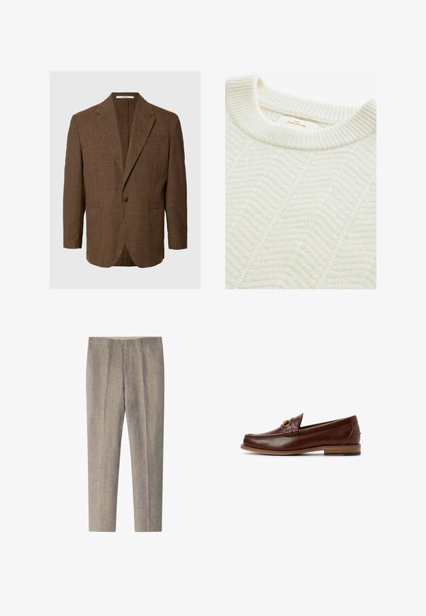 Brun enkelt-knapp blazer med notch revers og to forlommer med lapper, vist på en ensfarvet lysegrå baggrund.; Cremefarvet strikket sweater med ribbet rund hals, der har et struktureret halvanden mønster og et mærke med teksten "NEXT SIGNATURE."; Beige skræddersyede bukser med bæltestropper, forlommer og en presset søm ned gennem midten af hvert ben.; Brune læder loafers med et vævet detaljer og et guldfarvet element. Flad træhæl med sort gummigreb. Glat tekstur, klassisk design.
