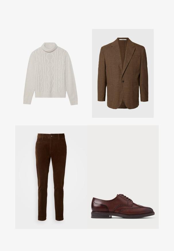 Brun enkelt-knapp blazer med notch revers og to forlommer med lapper, vist på en ensfarvet lysegrå baggrund.; Cremefarvet kabelstrikket sweater med høj ribkant, prydet med et struktureret mønster samt ribbede manchetter og kant. Blødt uldblend materiale.; Brune cordfløjlsbukser med lige ben, der har en knaplukning og subtil lodret ribbe-textur.; Brun læder brogue sko med vinge design, perforeret detailing og mørk sål, vist i sideprofil på hvid baggrund.