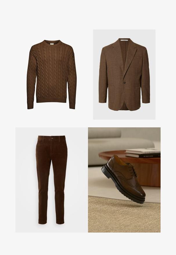 Brun enkelt-knapp blazer med notch revers og to forlommer med lapper, vist på en ensfarvet lysegrå baggrund.; Brun kabelstrikket sweater med lange ærmer, ribbet manchetter og kant, samt rund halsudskæring, vist mod hvid baggrund.; Brune cordfløjlsbukser med lige ben, der har en knaplukning og subtil lodret ribbe-textur.; Brun læder brogue sko med sort sål, der svæver over beige tæppe, med træbord og stabler af bøger i baggrunden.