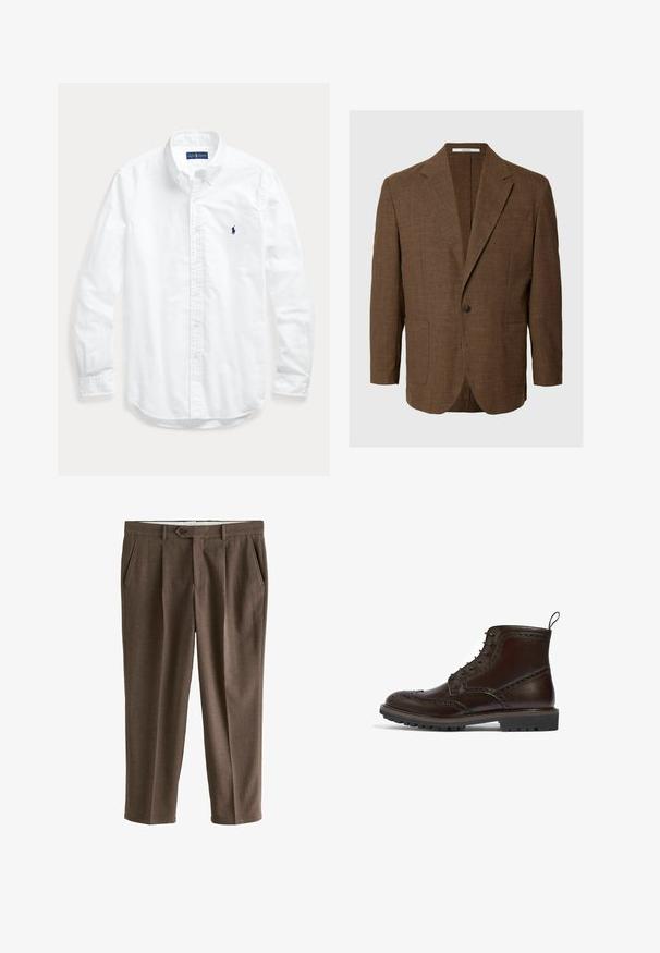 Brauner Ein-Knopf-Blazer mit Kerbkragen und zwei aufgesetzten Fronttaschen, abgebildet vor einem einfarbigen hellgrauen Hintergrund.; Weißes Hemd mit langen Ärmeln, Knopfleiste und Kragen, mit kleinem dunklem Logo auf der linken Brust, flach auf einem hellen Hintergrund liegend.; Braune, strukturierte, maßgeschneiderte Hose mit Knopfverschluss, vorderen Falten und seitlichen Taschen, flach auf weißem Hintergrund dargestellt.; Brauner Leder-Schnürstiefel mit Broguemuster, strukturiertem Obermaterial, Gummisohle und Zugschlaufe. Robuste Verarbeitung mit filigranen Details.