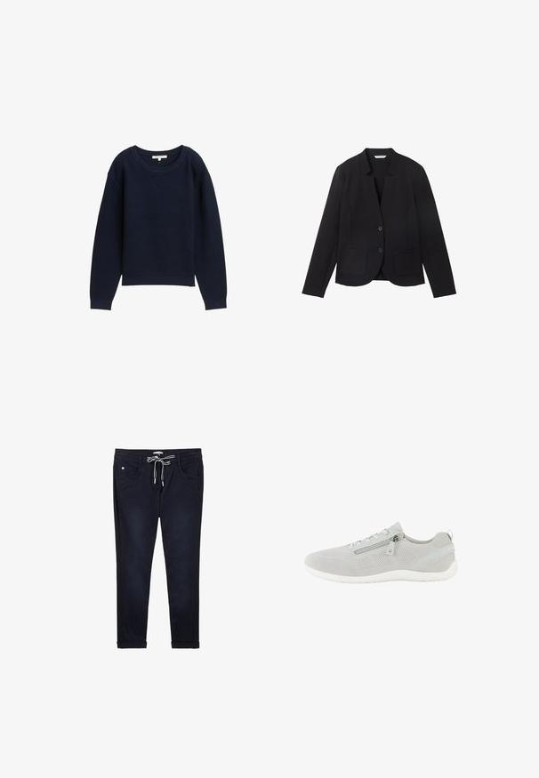 Sort blazer med spids krave, to frontlommer og to knapper. Lavet af tekstureret stof, tætsiddende design med lange ærmer.; Marineblå strikket sweater med en afslappet pasform, bred rund hals og ribbede manchetter. Har et struktureret mønster gennem hele stoffet.; Mørkeblå bukser lavet af vævet stof, med elastisk talje og snøre, to frontlommer og opsmøgede bukseben.; Lysegrå mesh-sneaker med sidelås, snørelukning, hvid sål og trækstrop ved hælen, vist i venstre profil.