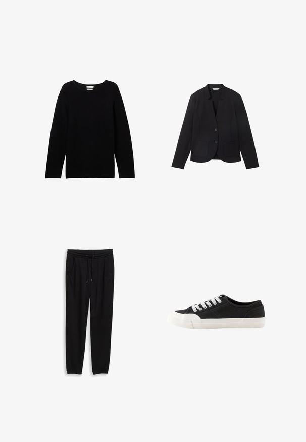 Sort blazer med spids krave, to frontlommer og to knapper. Lavet af tekstureret stof, tætsiddende design med lange ærmer.; Sort langærmet sweater lavet af ribbet stof med rund halsudskæring og sænkede skuldre, der har en afslappet pasform og ingen synlige detaljer.; Sorte sweatpants lavet af blødt stof, med elastisk talje og justerbar snor, sidelommer og ribbede manchetter.; Lavtop sort lærredssneaker med hvid gummisål, hvid tåhætte og hvide snørebånd.