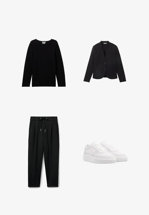 Blazer noir avec col cranté, deux poches avant et deux boutons. Fabriqué en tissu texturé, design ajusté avec manches longues.; Pull noir à manches longues en tissu côtelé, avec un col rond et des épaules tombantes, offrant une coupe décontractée et sans accents visibles.; Pantalons noirs en tissu doux, dotés d'une taille à cordon, d'un devant plissé, de poches latérales et d'ourlets. ; Baskets blanches avec une tige en suède et en cuir perforé, lacets plats, col rembourré et une semelle en caoutchouc épaisse et texturée.