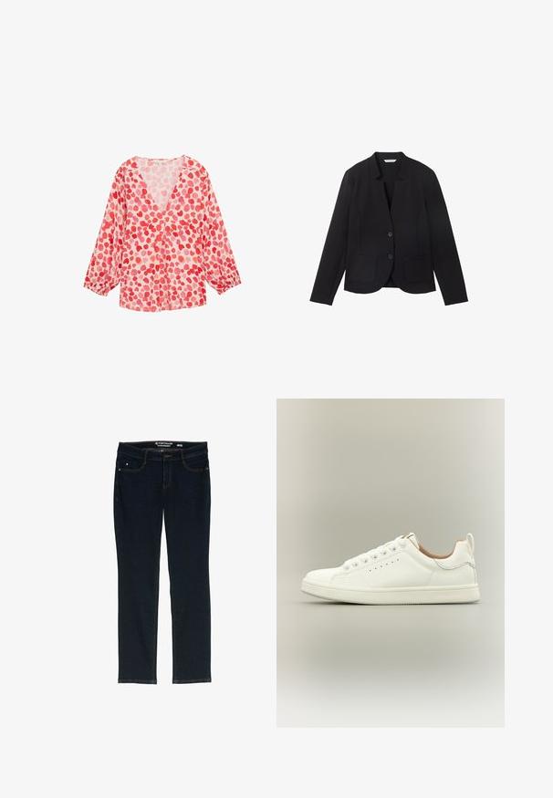Zwarte blazer met een notch-kraag, twee voorkeurszakken en twee knopen. Gemaakt van textuurstof, slim-fit ontwerp met lange mouwen.; Lichtgewicht blouse met lange mouwen en een V-hals, gemaakt van roze stof en voorzien van een patroon van rode en lichte roze hartvormen overal.; Donkerblauwe rechte jeans van denim. Heeft vijf zakken, contrasterend oranje stiksels en een label op de tailleband met de merknaam.; Witte lage sneaker met veters, geperforeerde details aan de zijkant en een trek lus op de hiel, tegen een neutrale achtergrond.