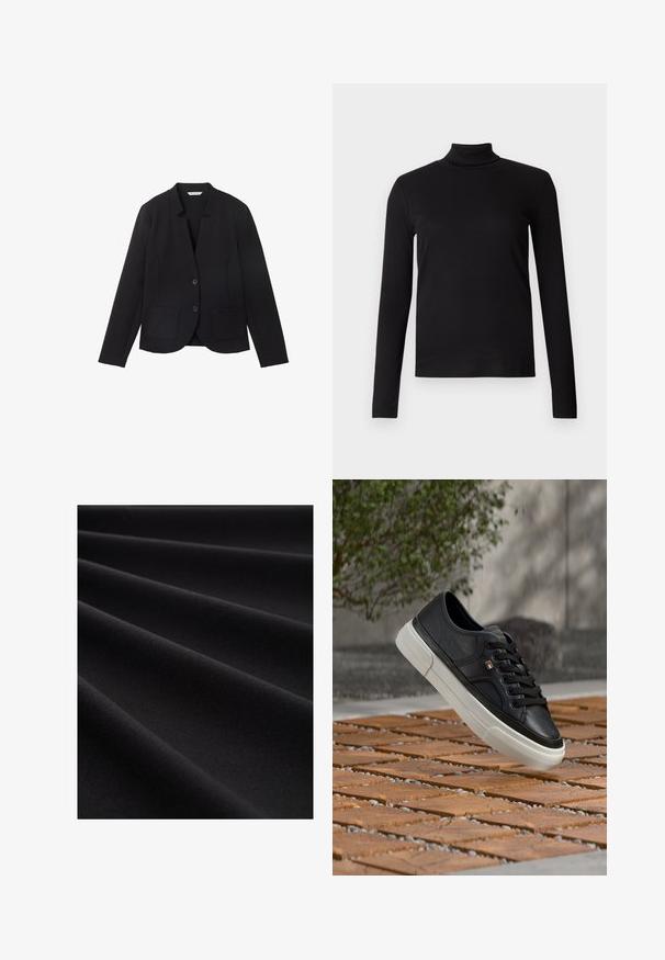 Blazer noir avec col cranté, deux poches avant et deux boutons. Fabriqué en tissu texturé, design ajusté avec manches longues.; Chemise à col roulé noir à manches longues, en tissu doux, présentant un design ajusté et une texture lisse. Sans motifs ni accessoires visibles.; Tissu noir lisse avec des plis doux formant des lignes diagonales et des ombres subtiles, mettant en valeur la texture et la finition mate.; Baskets en cuir noir avec semelle blanche, lacets noirs et petit emblème de drapeau, suspendues au-dessus d’un sol extérieur au motif bois et pierre.