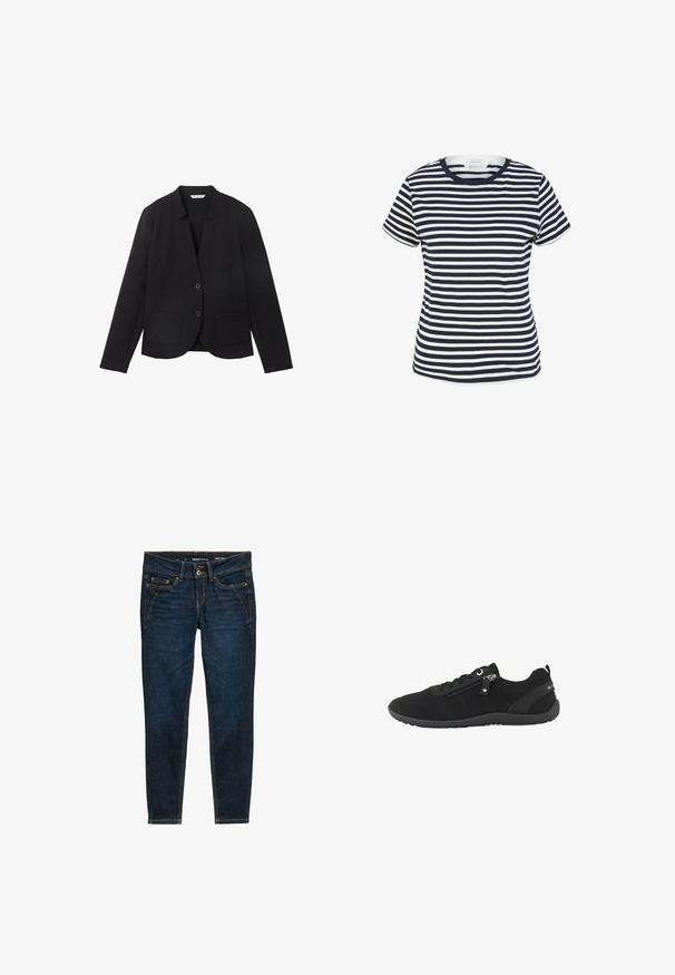 Sort blazer med spids krave, to frontlommer og to knapper. Lavet af tekstureret stof, tætsiddende design med lange ærmer.; Marineblå og hvid stribet t-shirt lavet af økologisk bomuld, med rund halsudskæring og korte ærmer, samt en lige kant forneden.; Mørkeblå denim jeans med slim fit, der har orange syninger, fem lommer og en knaplukning i taljen.; Sort lavtop sneakers med mesh-overdel, sidelås, snørebånd og gummisål, designet til afslappet brug.
