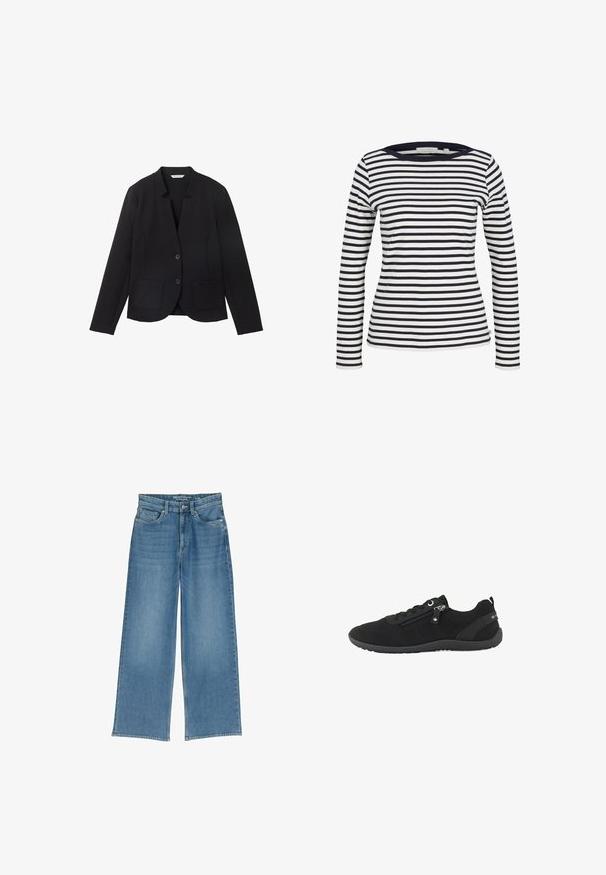 Sort blazer med spids krave, to frontlommer og to knapper. Lavet af tekstureret stof, tætsiddende design med lange ærmer.; TOM TAILOR DENIM Langærmet T-shirt - navy/white; Lyseblå jeans med bred benvidde og høj talje, fem lommer og synlig syning; stoffet har en let struktureret overflade.; Sort lavtop sneakers med mesh-overdel, sidelås, snørebånd og gummisål, designet til afslappet brug.