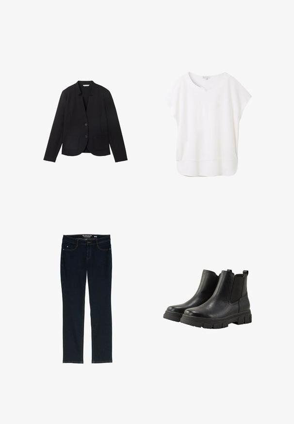 Sort blazer med spids krave, to frontlommer og to knapper. Lavet af tekstureret stof, tætsiddende design med lange ærmer.; Hvid kortærmet bluse lavet af blødt stof. Har en rund halsudskæring med en lille indsats og en let buet kant for en afslappet pasform.; Mørkeblå lige ben jeans lavet af denim. Har fem lommer, kontrastfarvet orange syning og en linning med mærkets navn.; TOM TAILOR Ankelstøvler - black