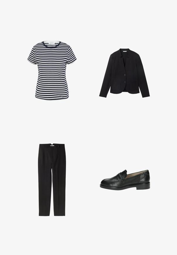 Sort blazer med spids krave, to frontlommer og to knapper. Lavet af tekstureret stof, tætsiddende design med lange ærmer.; Marineblå og hvid stribet t-shirt lavet af økologisk bomuld, med rund halsudskæring og korte ærmer, samt en lige kant forneden.; Sorte skræddersyede bukser med lige snit, der har en plisseret front, glat tekstur og en v-formet taljedetalje.; Sorte læder loafers med en glat overflade, rundt tåparti og dekorativt bånd på tværs; lav, stablet hæl.