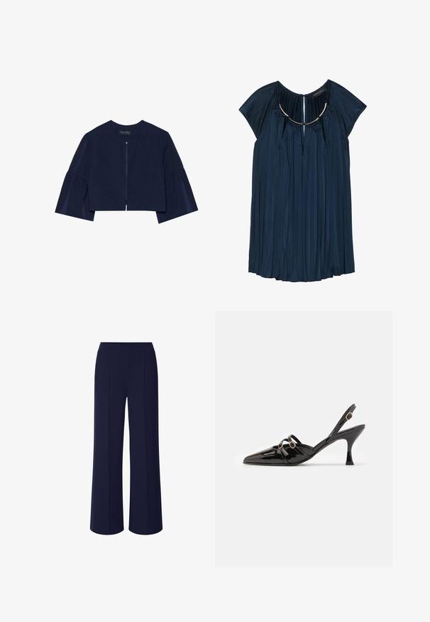 Marineblauwe cropped jas met puffmouwen, sluiting aan de voorkant en ronde halslijn. Glad stof met een subtiele glans. Etiket leest "ANNA FIELD."; Marineblauw geplooid jurkje met korte mouwen, voorzien van een keyhole halslijn en metalen accent. Gemaakt van lichte stof met een gladde textuur.; Marineblauwe wijde broek gemaakt van een zachte, rekbare stof; beschikt over voorplooien en een elastische tailleband voor comfort en bewegingsgemak.; ALOHAS JOELLE ONIX - Klassieke pumps - black