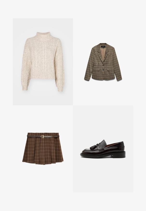 Brunternet blazer med notched krave, to frontlommer, to sorte knapper og en beige foring. Har en struktureret pasform.; Cremefarvet cropped sweater med høj hals, der har et tekstureret kabelstrikket mønster og lange, let puffede ærmer.; Brun plisseret mininederdel med tyndt beige ternet mønster og et mørkebrun bælte med spænde i guld hen over taljen.; Mørkebrun læderloafer med duske, syningsdetaljer og en lav stablet hæl på en ensfarvet lys baggrund.