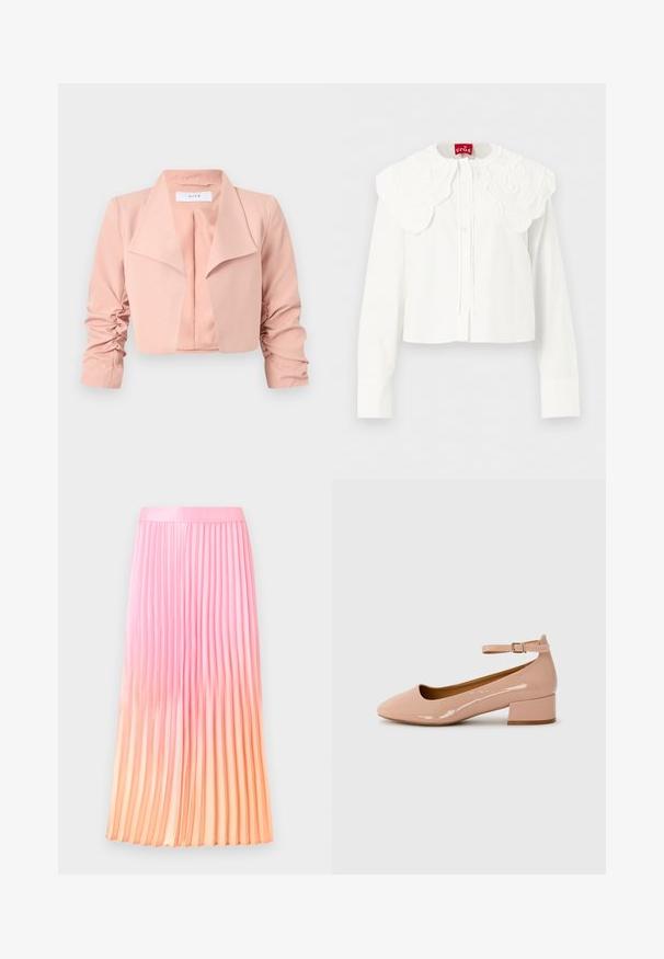 Veste courte rose clair avec larges revers et manches longues froncées, devant ouvert, tissu lisse, présentée à plat sur fond blanc.; Blouse blanche à manches longues avec col brodé festonné large et fermeture à boutons sur le devant, présentée sur un fond uni.; Jupe longue plissée avec un dégradé ombré du rose au pêche, taille lisse et plis verticaux, suspendue contre un fond clair uni.; Chaussure plate en cuir verni rose avec un bout arrondi, une bride à la cheville et un petit talon carré. Texture lisse et design minimaliste.