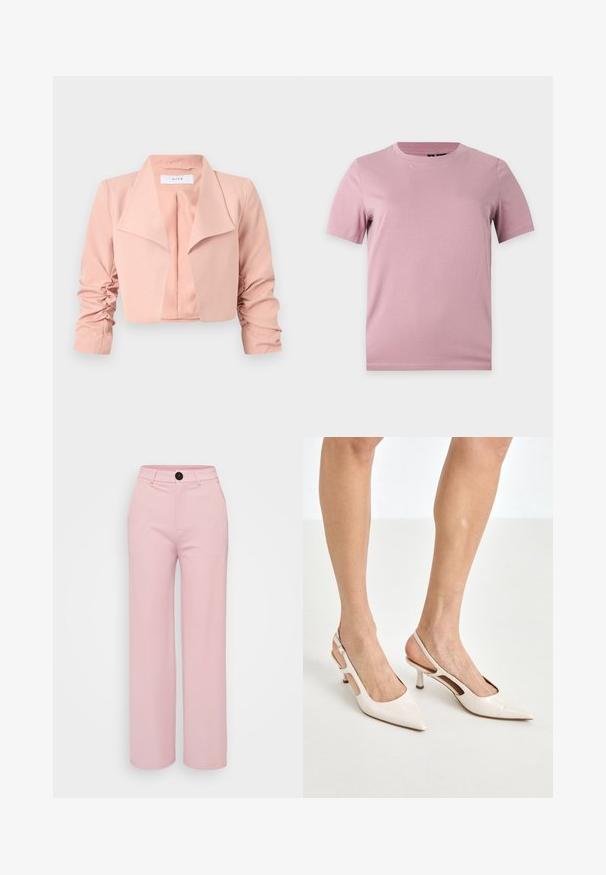 Lyserød cropped jakke med brede revers og rynkede lange ærmer, åben front, glat stof, vist fladt på hvid baggrund.; Enkelt kortærmet blød lyserød bomulds-t-shirt med rund hals, vist på en flad lysgrå baggrund.; Lys rosa bred benbukser med en glat tekstur, der har en sort knap og et klassisk talje design. Ingen ekstra lommer synlige.; Beige patenterede læder slingback hæle med spids tå og 5 cm hæl, med udskårne sider og en tynd ankelrem.